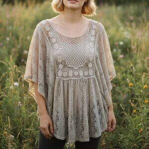 Ultra Pink Romantic Boho Lace Blouse Cream Sheer Crochet Tunic Size 1X